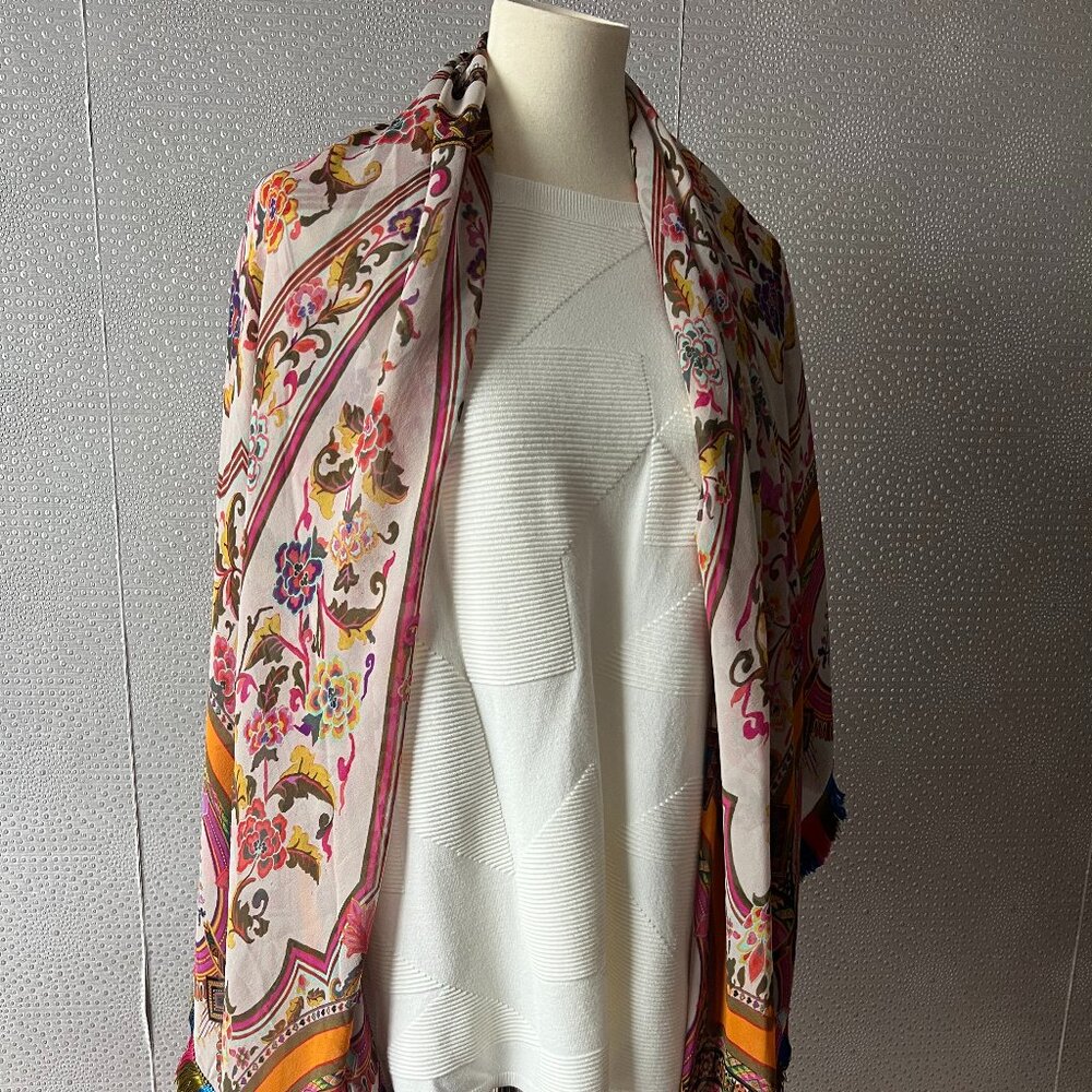 Etro Milano Womens Multicolor Rectangle Bohemian Floral Silk Scarf